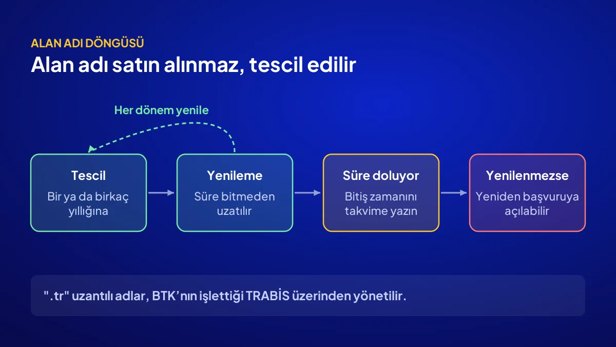 Satılık web sitesinde alan adının tescil, yenileme ve yeniden tahsise açılma döngüsü