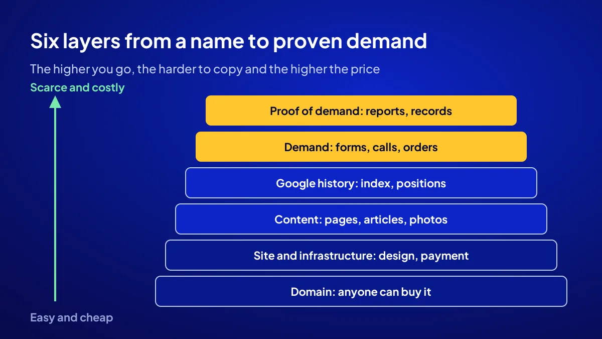Why ready-made websites are expensive: six-layer digital asset diagram from empty domain to proof of demand