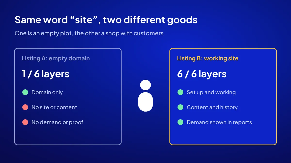 A buyer comparing two listings: an empty domain versus a demand-generating ready-made website