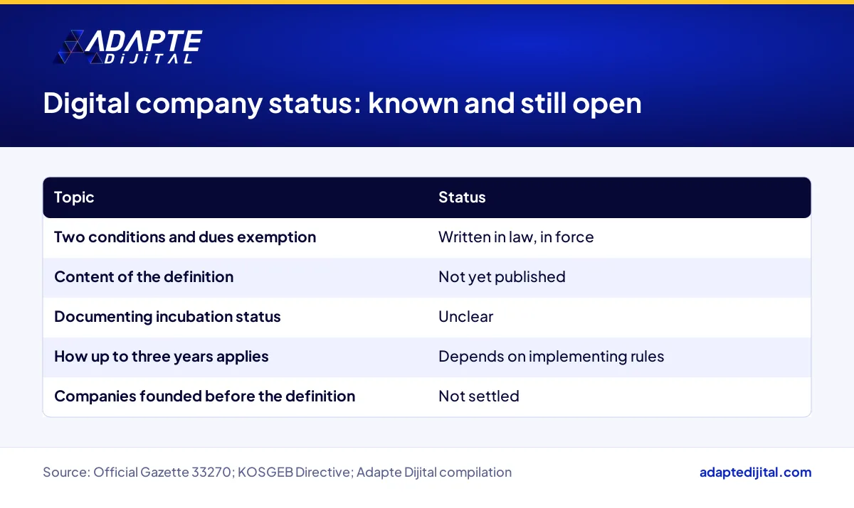 Table setting the known conditions of digital company status beside the questions still open