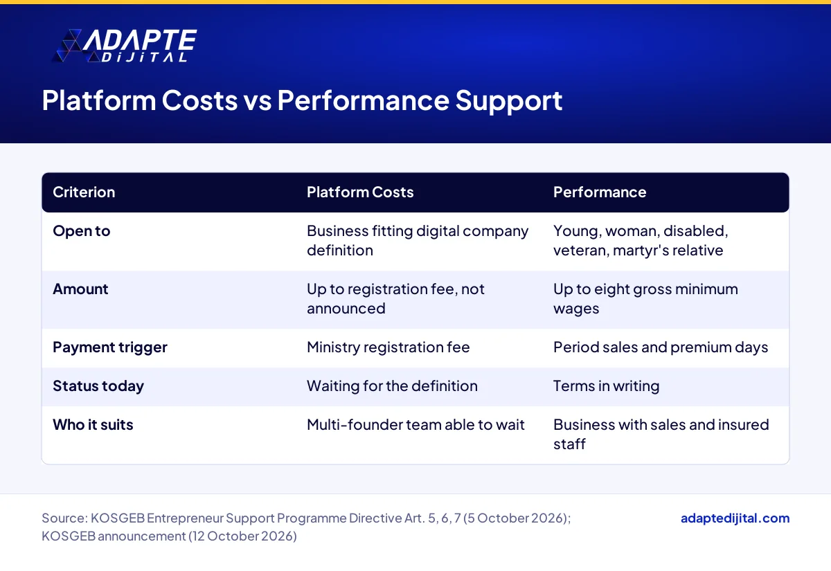 Comparison of KOSGEB Platform Costs Support and Performance Support across four criteria and who each suits
