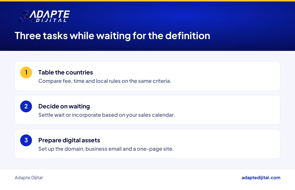 Three tasks this week for a founder weighing options abroad while waiting for the digital company definition