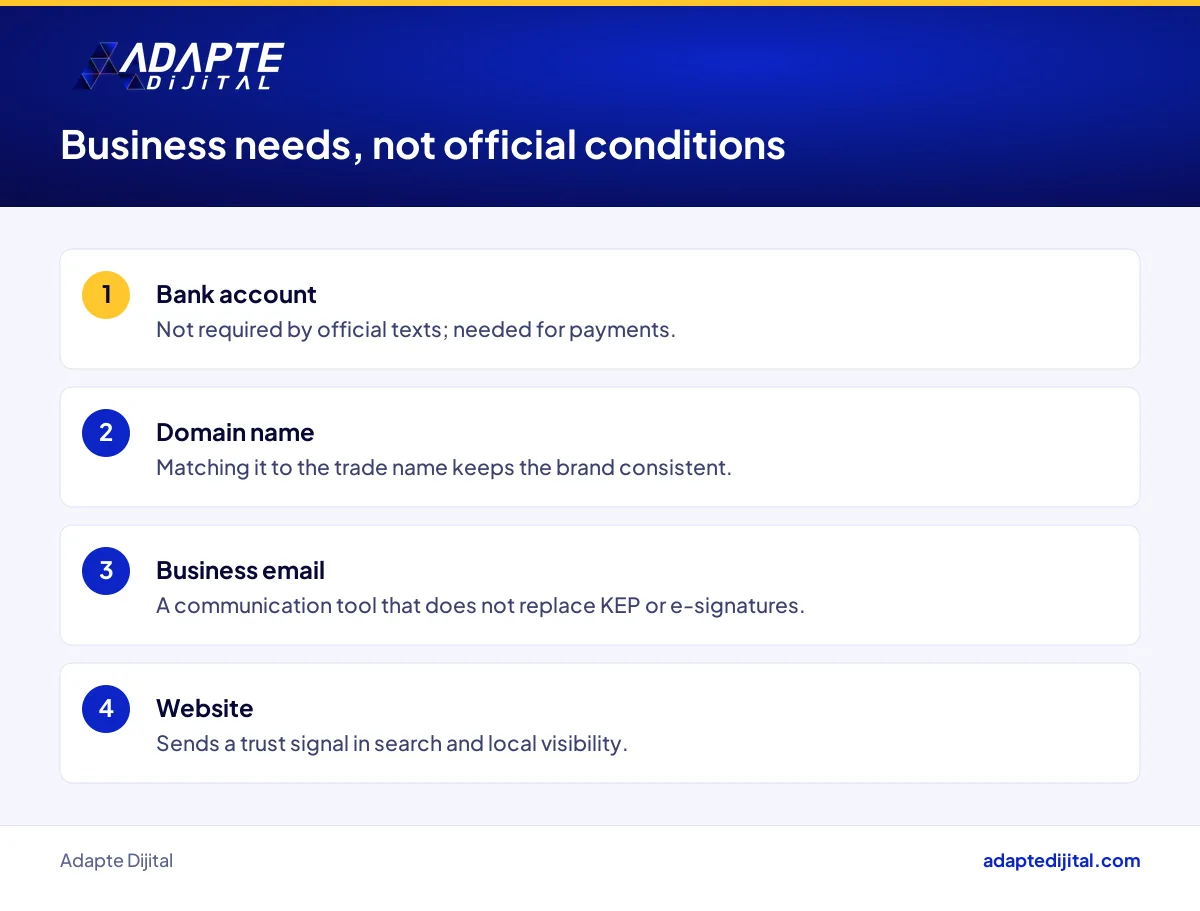 Practical preparation items for a digital company such as a bank account, domain and website that are not official