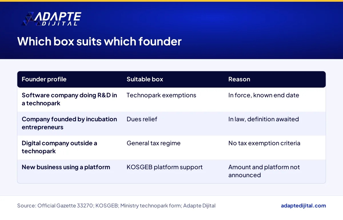 Comparison table showing which digital company exemption box suits which founder profile