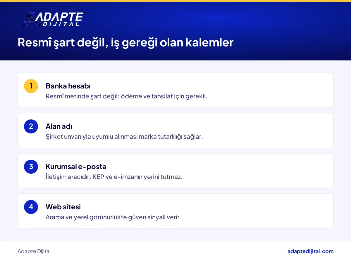 Dijital şirket için resmî şart olmayan banka, alan adı ve web sitesi gibi pratik hazırlık kalemleri