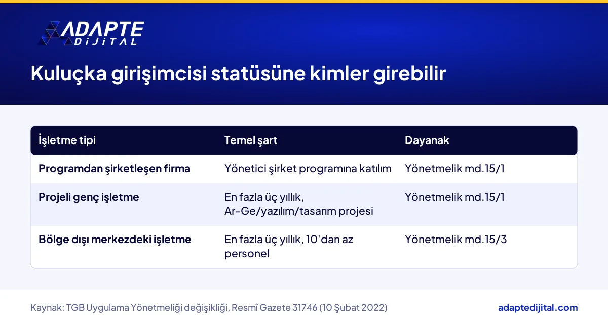 Kuluçka girişimcisi statüsünü alabilecek işletme tipleri ve her birinde aranan temel şartlar