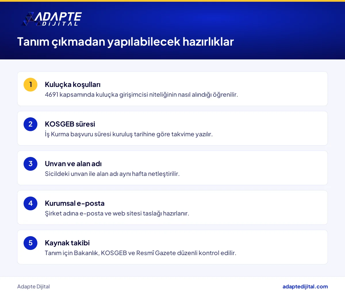Dijital şirket tanımı yayımlanmadan girişimcinin bu hafta yapabileceği hazırlık adımlarını sıralayan liste