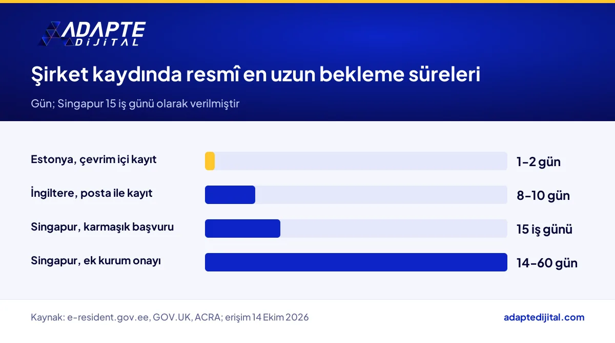 Estonya, İngiltere ve Singapur'da şirket kaydında resmî sayfalarda verilen en uzun bekleme süreleri