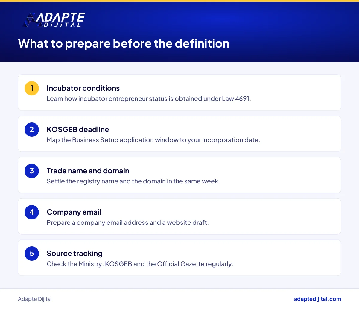 List of preparation steps a founder can take before the Turkish digital company definition is published
