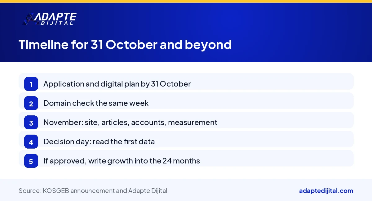 Visual showing the digital preparation steps a founder follows from the 31 October 2026 application to the support decision