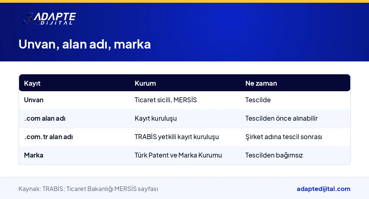 Dijital şirkette unvan, alan adı ve marka kayıtlarının hangi kurumda ve ne zaman yapıldığını gösteren tablo
