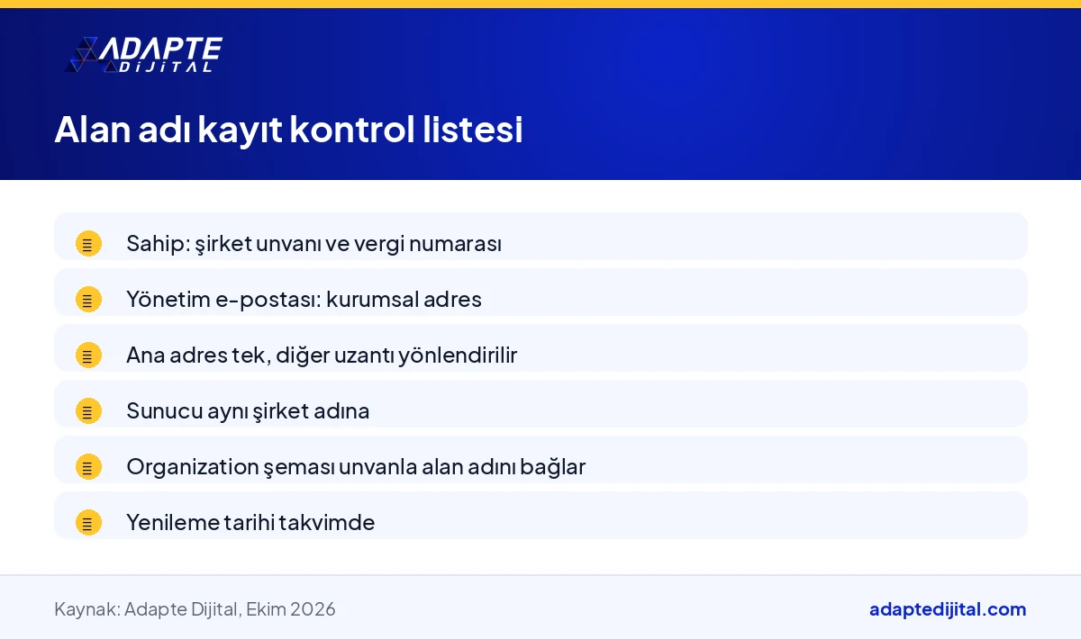 Dijital şirketin alan adını şirket adına kaydederken kontrol edilecek sahip, e-posta, sunucu ve yapısal veri kalemlerinin listesi