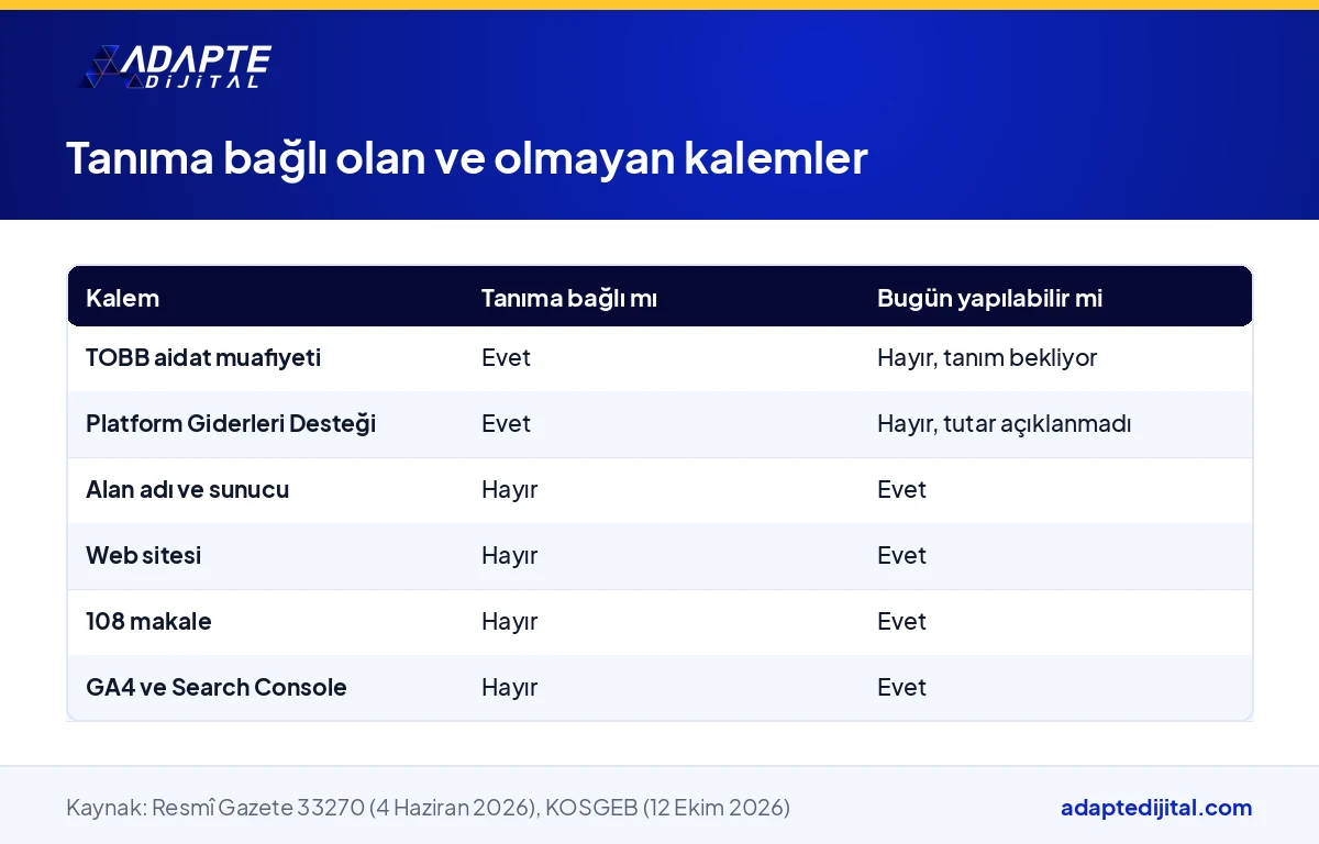 Dijital şirket tanımına bağlı olan hukuki kalemler ile tanıma bağlı olmayan web sitesi, alan adı ve içerik kalemlerini karşılaştıran tablo