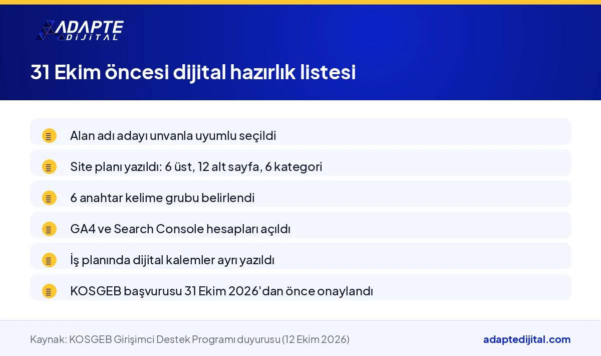KOSGEB İş Geliştirme Desteği üçüncü dönemi 31 Ekim 2026'da kapanmadan önce tamamlanacak dijital hazırlık maddelerinin listesi