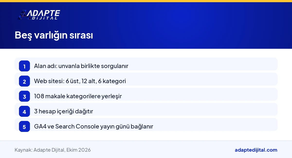 Dijital şirketin alan adı, web sitesi, 108 makale, hesaplar ve ölçüm varlıklarının kuruluş sırasını gösteren adımlar