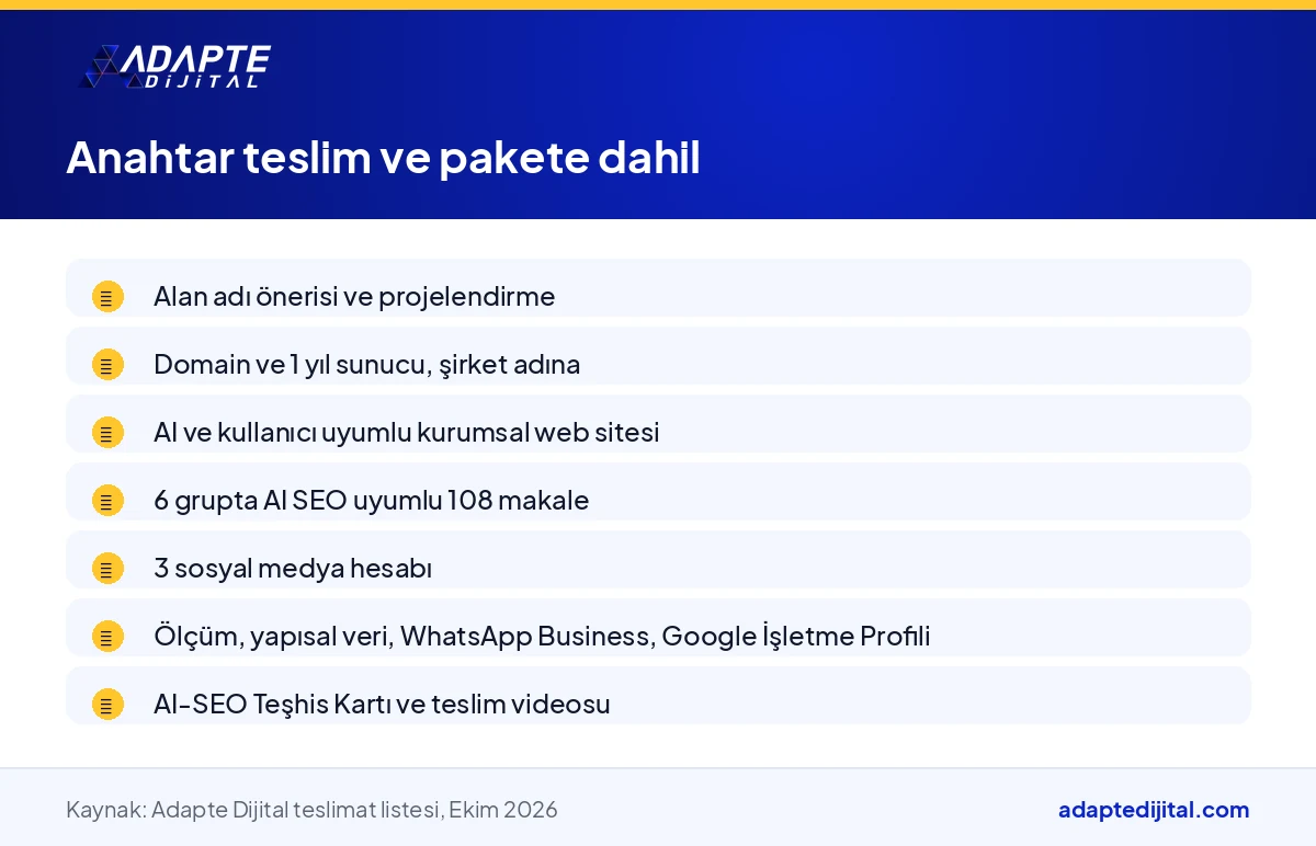 Dijital şirketin kuruluşla birlikte teslim edilen anahtar teslim varlıkları ve pakete dahil eklerin listesi