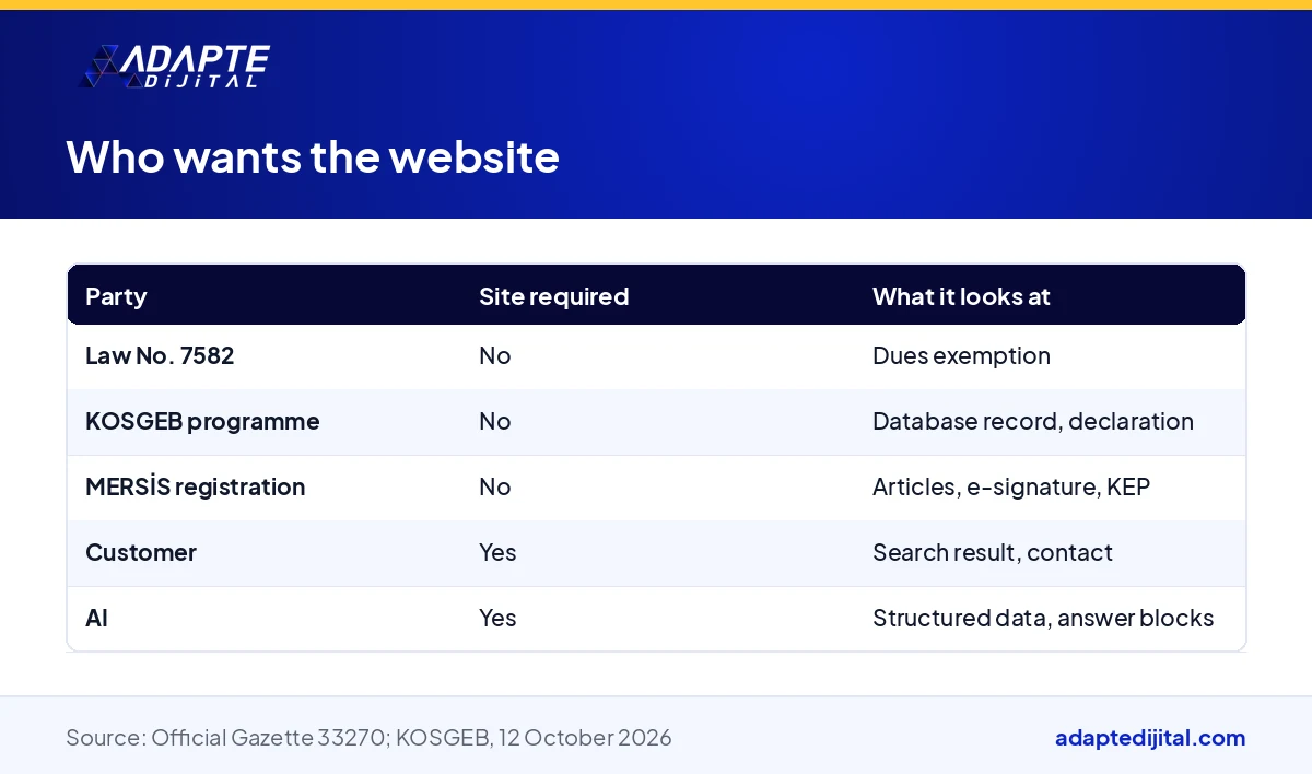 Table showing whether the law, KOSGEB, MERSIS, customers and AI treat a website as a requirement for a digital company