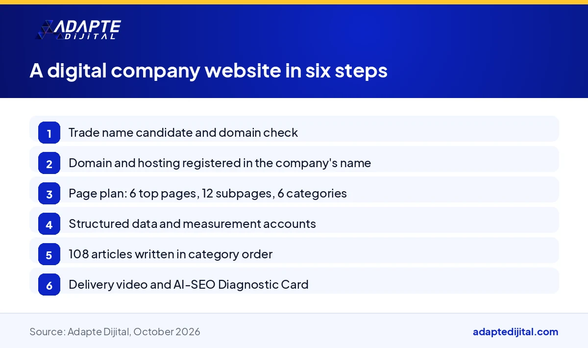 Step list showing how a digital company website is built in six steps from the domain to the delivery video