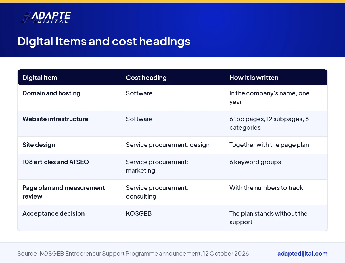 Table showing how website, content and measurement items in a KOSGEB business plan are spread across the software and service procurement headings
