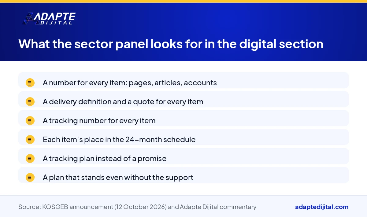 List of the numbers, items, quotes and timing the KOSGEB sector panel looks for in the digital section of a business plan