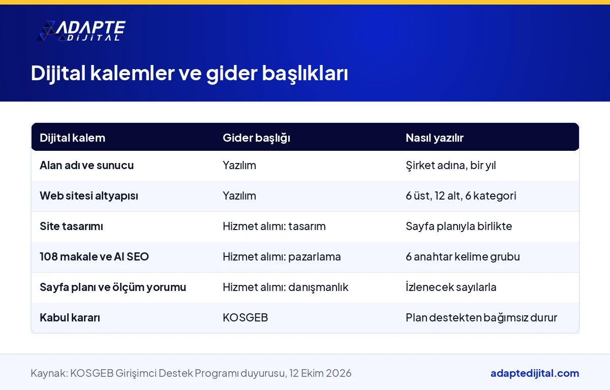 KOSGEB iş planında web sitesi, içerik ve ölçüm kalemlerinin yazılım ve hizmet alımı başlıklarına nasıl dağıldığını gösteren tablo