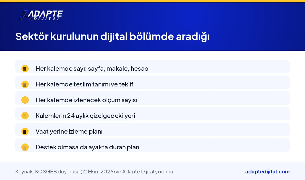KOSGEB sektör kurulunun iş planının dijital bölümünde aradığı sayı, kalem, teklif ve zaman bilgilerini sıralayan liste