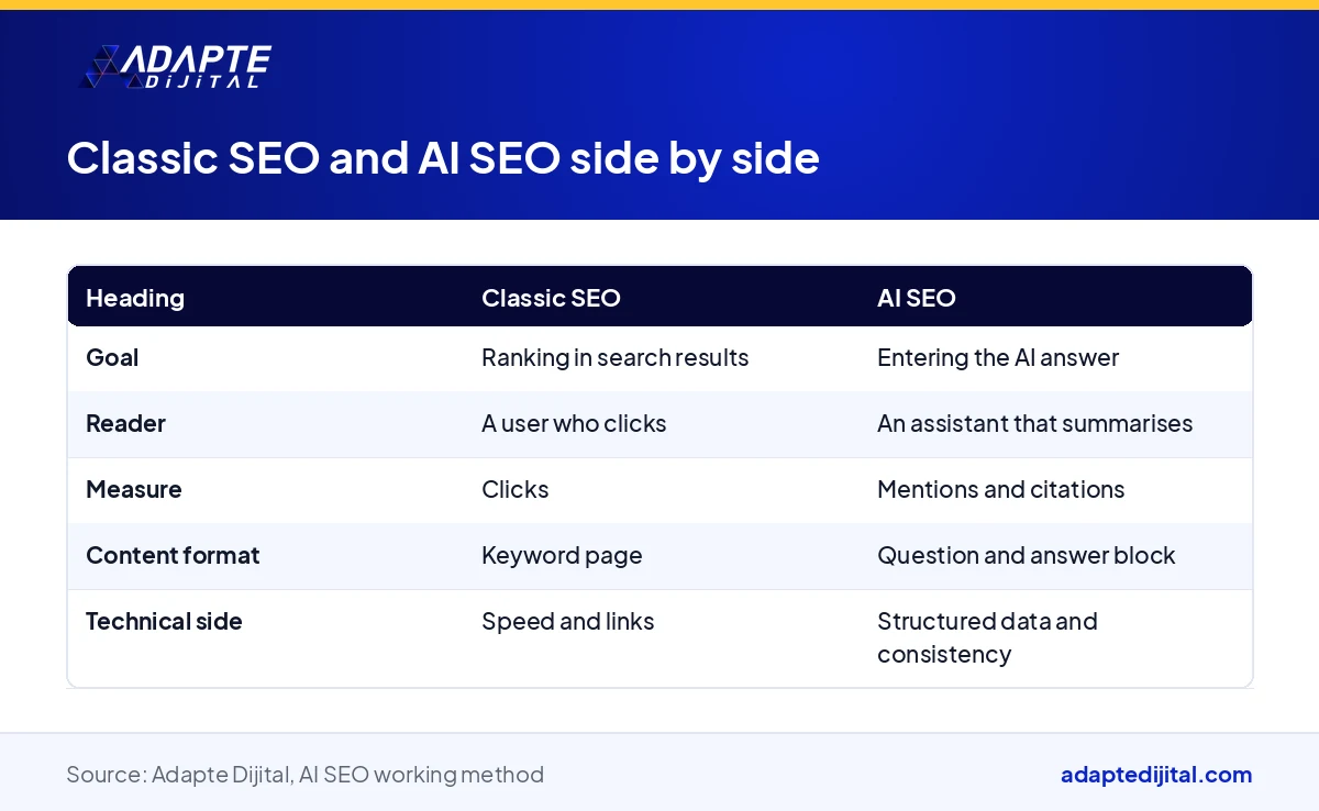 Table comparing classic SEO and AI SEO by goal, reader, measure, content format and technical side