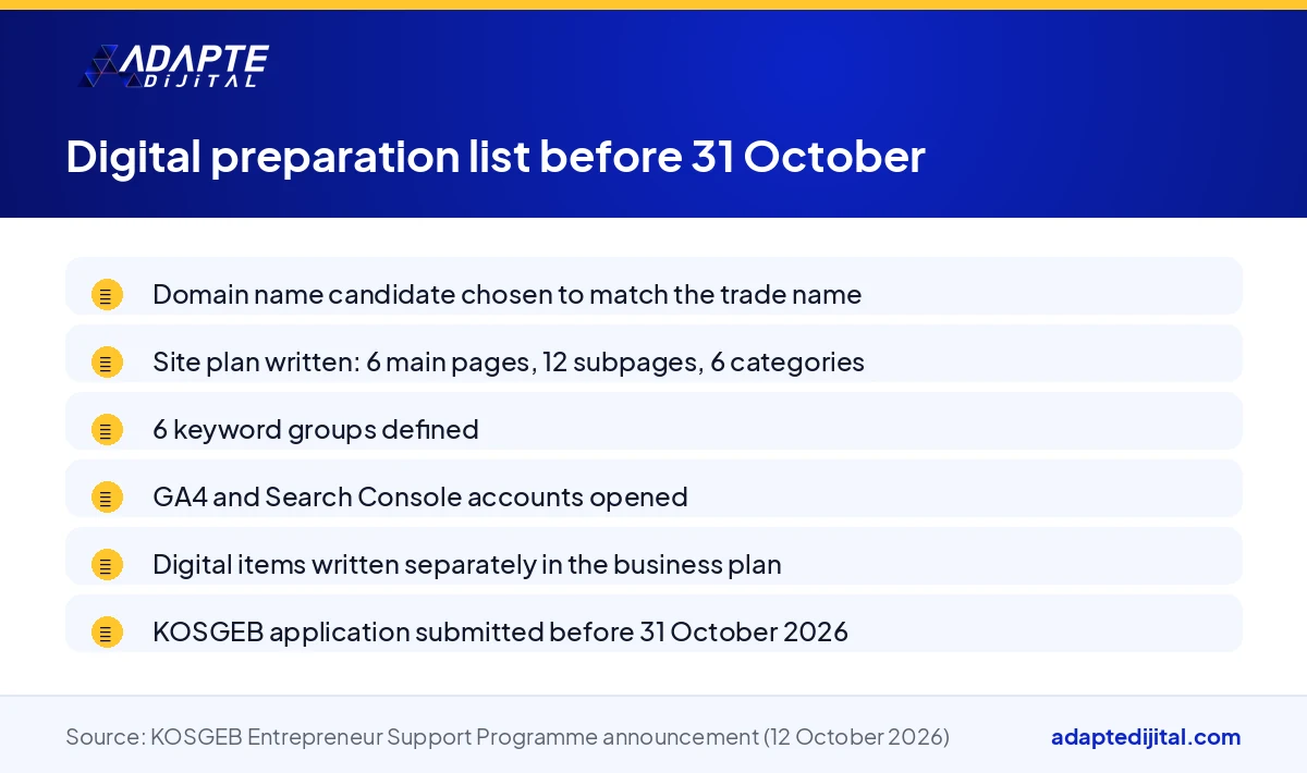 List of digital preparation items to complete before the third KOSGEB Business Development Support period closes on 31 October 2026