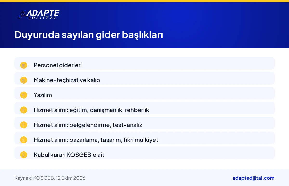 KOSGEB İş Geliştirme Desteği'nde kabul edilen gider başlıklarını ve hizmet alımı alt kalemlerini sıralayan liste