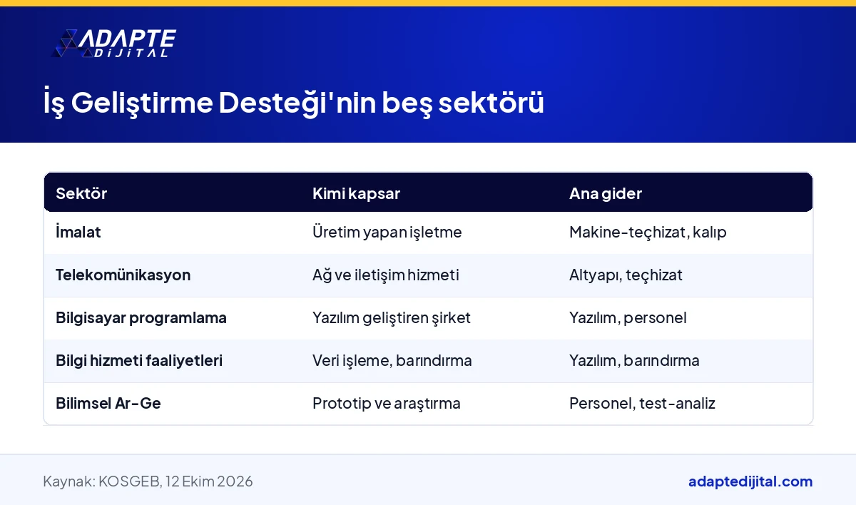 KOSGEB İş Geliştirme Desteği'nin beş sektörünü ve her birine giren girişim türünü eşleştiren tablo