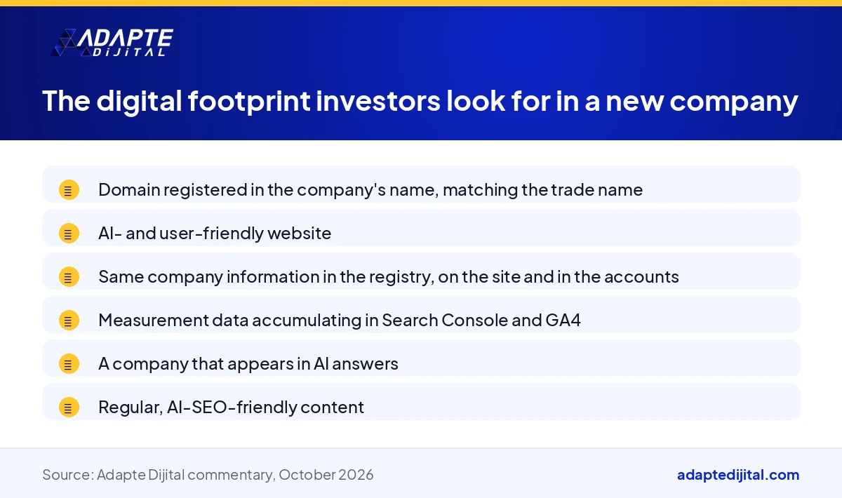List of the digital footprint an investor looks for in a newly founded digital company: domain name, website, consistent information and measurement