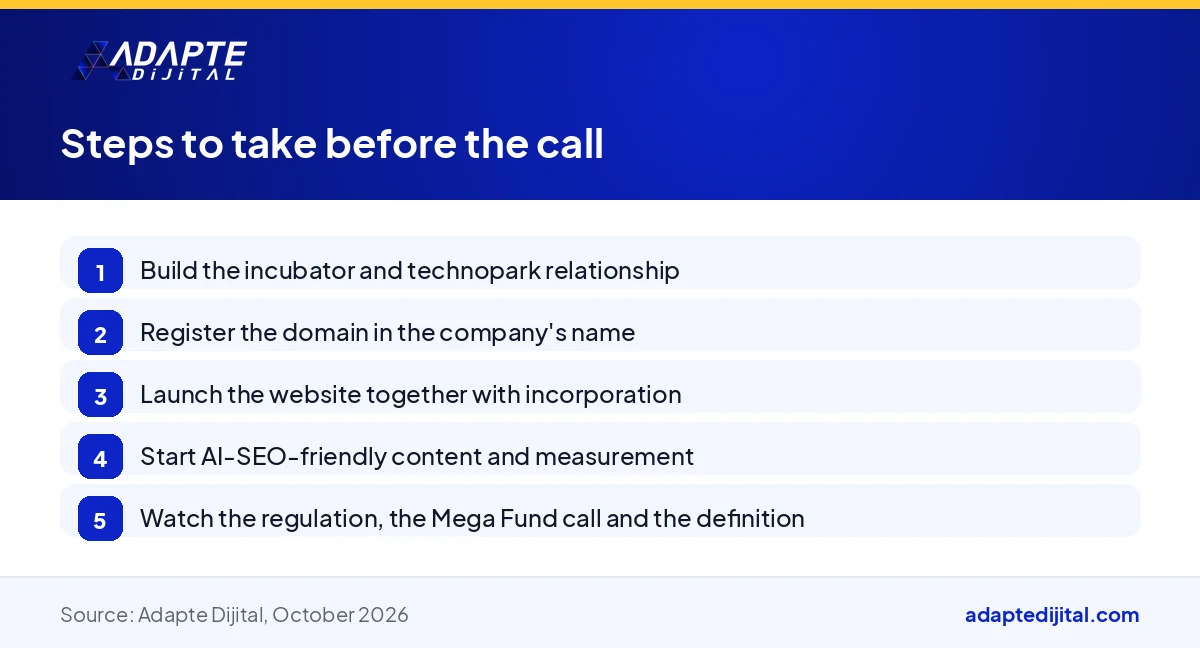 List of the steps a founder should take to prepare for investment while the digital company definition and the Mega Fund call are pending