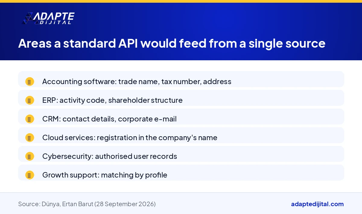 List showing the five software areas the standard API proposal would feed from a single source, plus profile-linked support