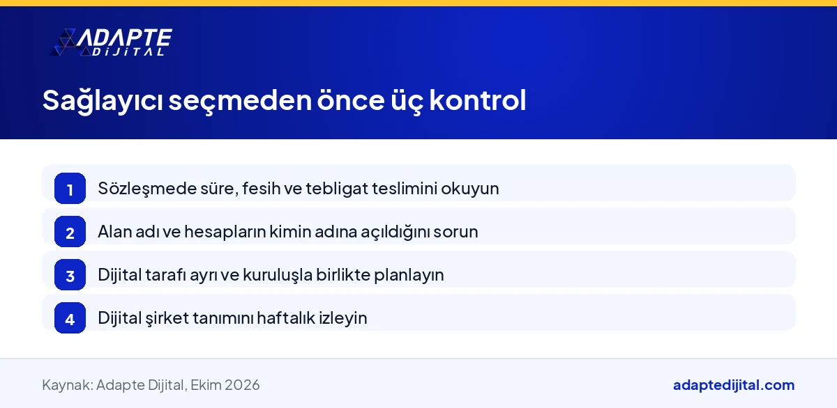 Sanal ofis ya da dijital kuruluş sağlayıcısı seçmeden önce girişimcinin kontrol edeceği adımları gösteren liste