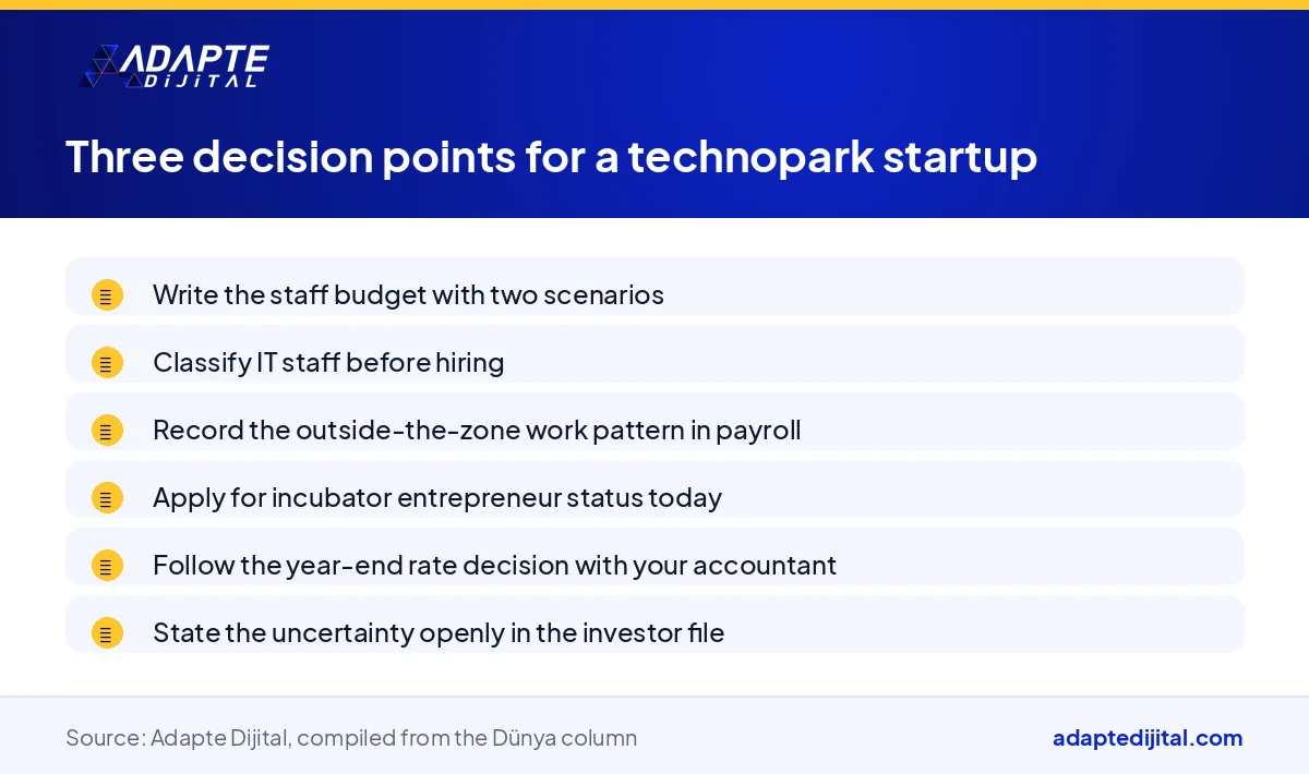 List of the decisions a technopark startup faces on staffing, work outside the zone and incubation status under the 2028 uncertainty