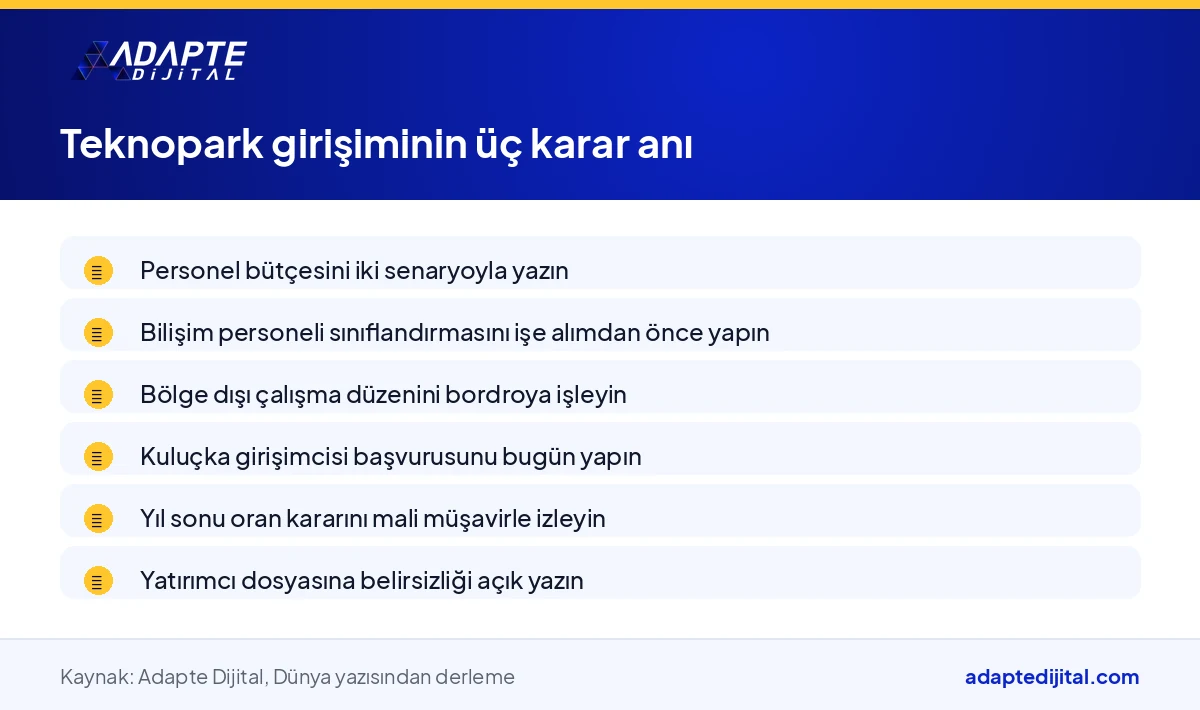 Teknopark girişiminin 2028 belirsizliğinde personel, bölge dışı çalışma ve kuluçka statüsü için vereceği kararları sıralayan liste