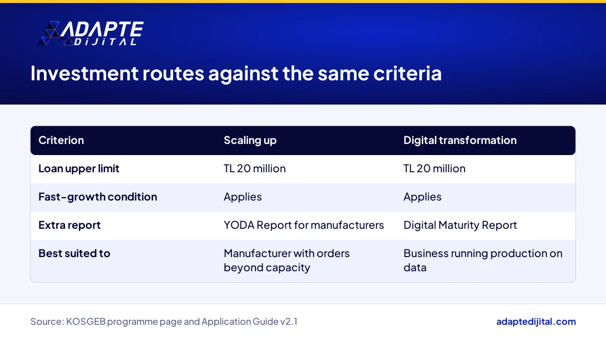 Comparison table of scaling up and digital transformation investment under the KOSGEB Capacity Development Programme