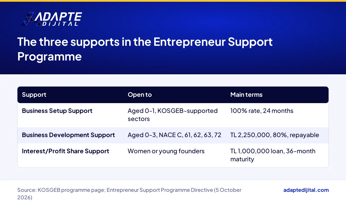 Table showing who can use each of the three KOSGEB Entrepreneur Support Programme supports and their main terms