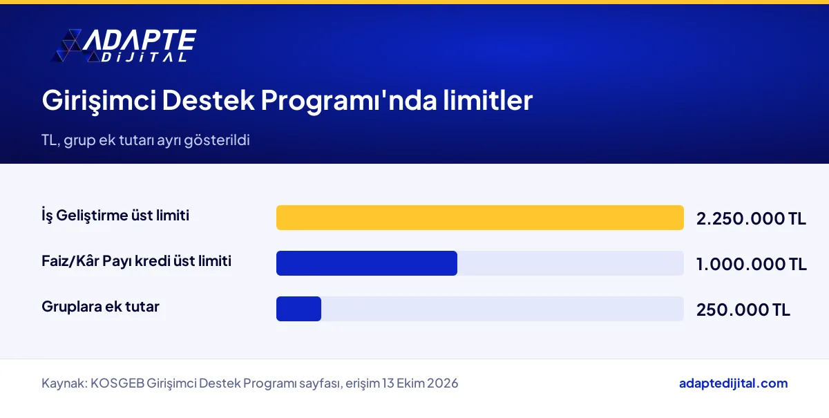 KOSGEB İş Geliştirme üst limiti, grup ek tutarı ve Faiz/Kâr Payı kredi limitinin karşılaştırması