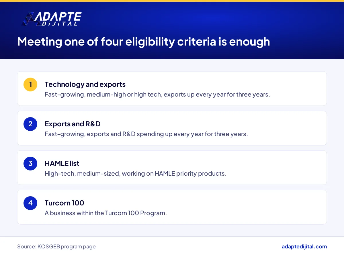 List of the four eligibility criteria for the KOSGEB Global Competitiveness Program, one of which is enough