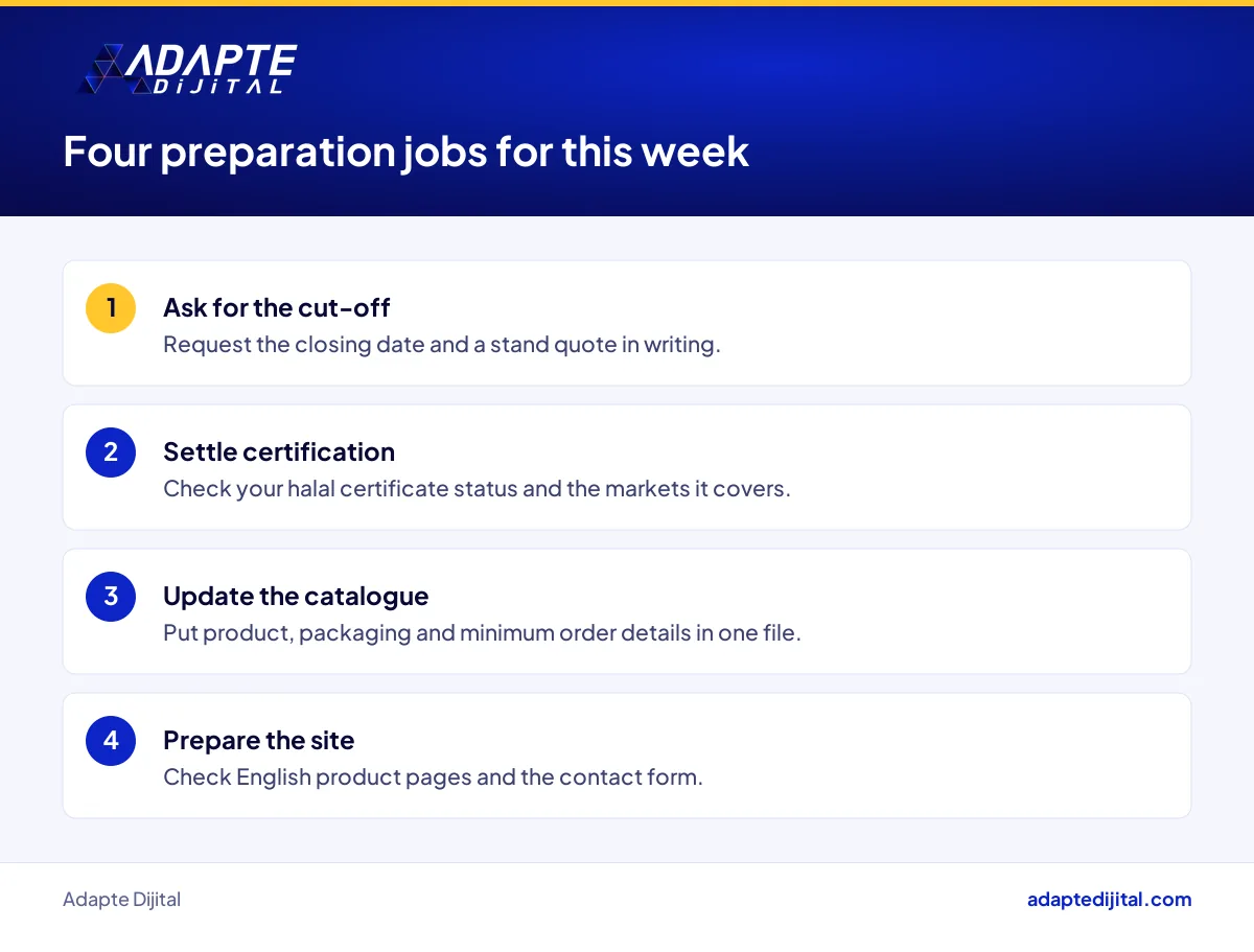 Four steps this week for an SME preparing for Helal Expo: registration, certificate, catalogue and website