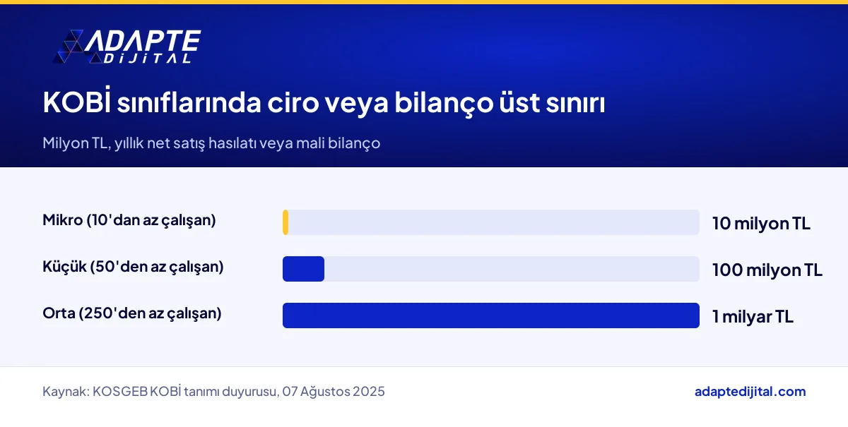 KOBİ tanımında mikro, küçük ve orta işletme için net satış hasılatı veya bilanço eşikleri