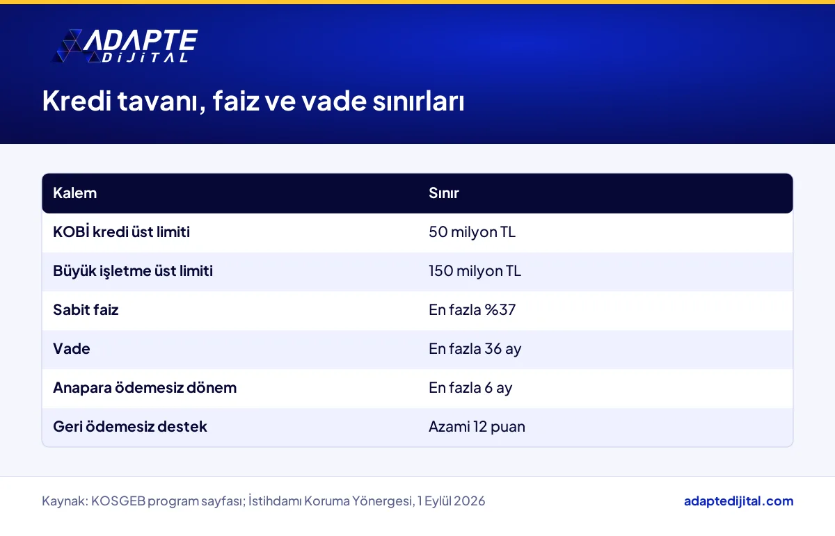 İstihdamı Koruma kredisinde KOBİ ve büyük işletme üst limitleri ile faiz ve vade sınırları