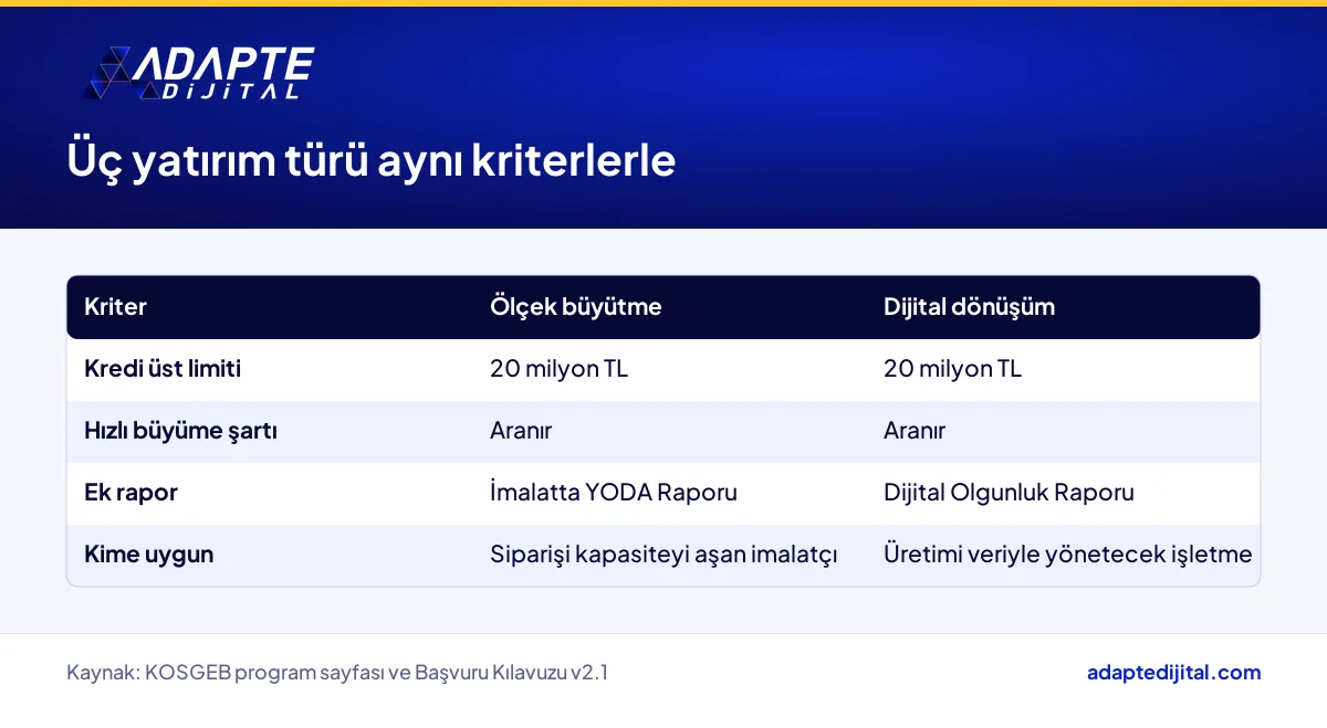 Kapasite Geliştirme Programı'nda ölçek büyütme, dijital dönüşüm ve tedarikçi yatırımının karşılaştırma tablosu
