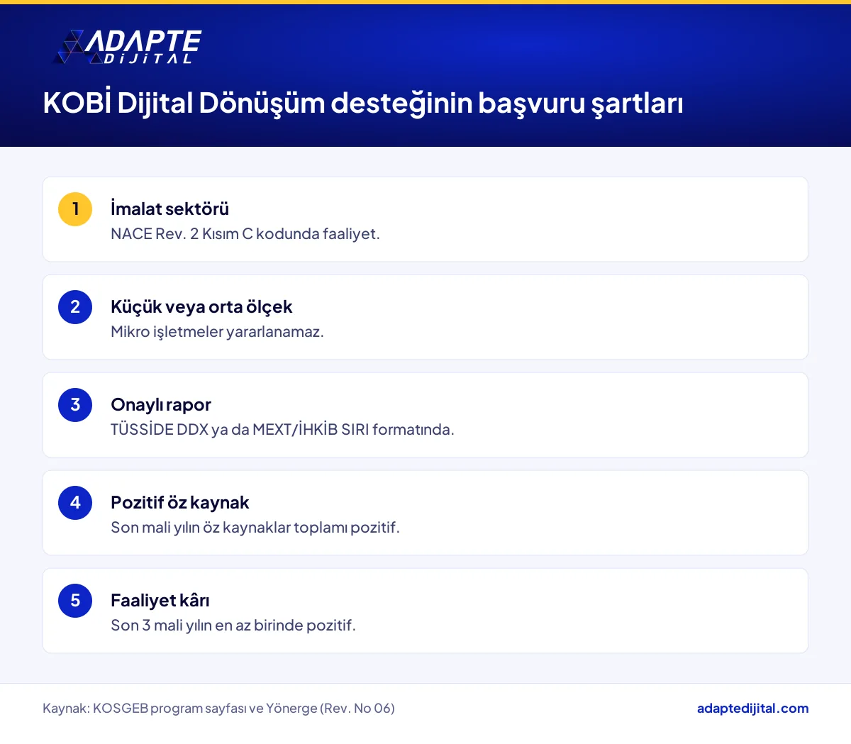 KOSGEB KOBİ Dijital Dönüşüm Programına başvuru için gereken sektör, ölçek, rapor ve mali şartlar