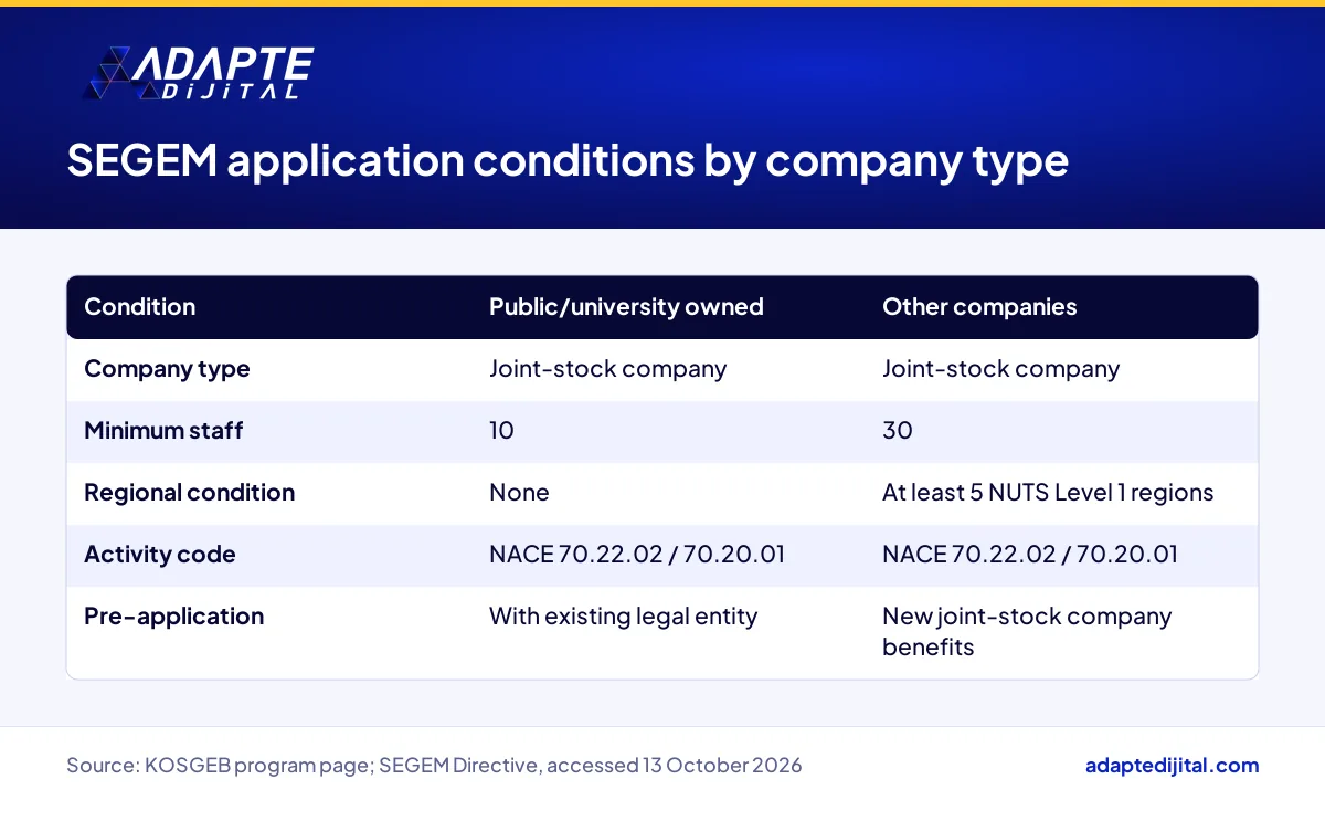 KOSGEB SEGEM application conditions for publicly owned and other consulting companies