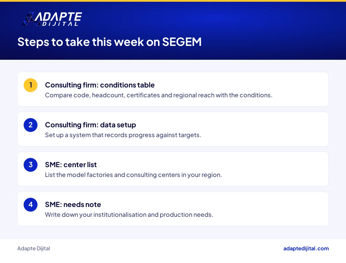Steps a consulting firm and an SME owner can take this week regarding SEGEM