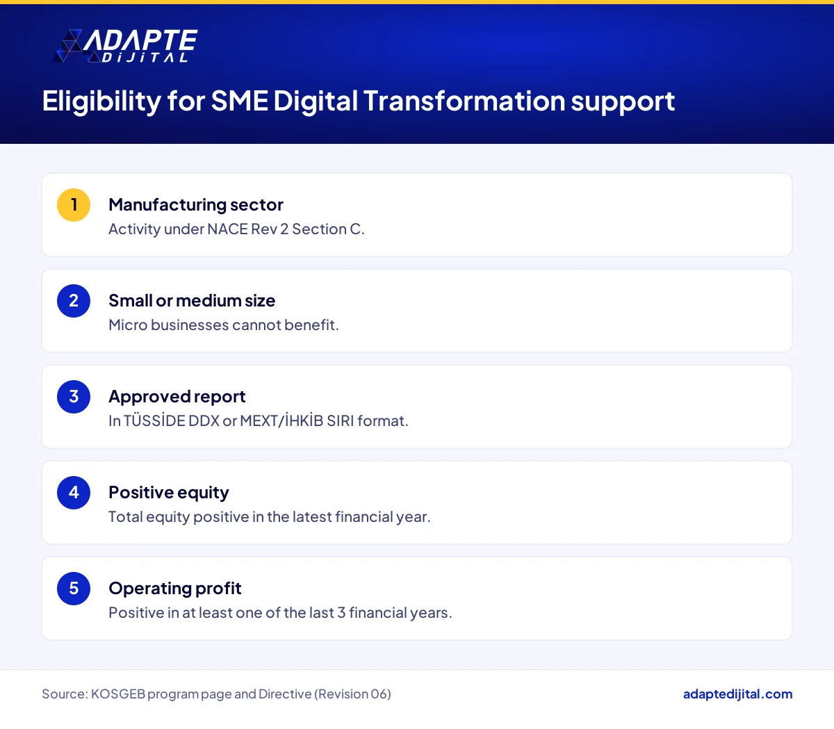 Sector, size, report and financial conditions for the KOSGEB SME Digital Transformation Program