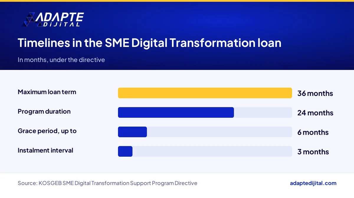 Comparison of loan term, program duration, grace period and instalment interval in the SME Digital Transformation loan