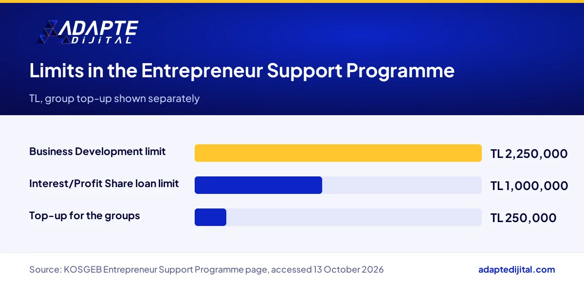 Comparison of the KOSGEB Business Development limit, the group top-up and the Interest/Profit Share loan limit
